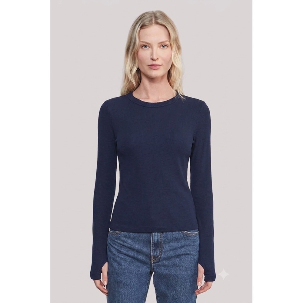 ENZA COSTA Cashmere Jersey New Classic Top Women Small Dark Blue Crew Thumbhole
